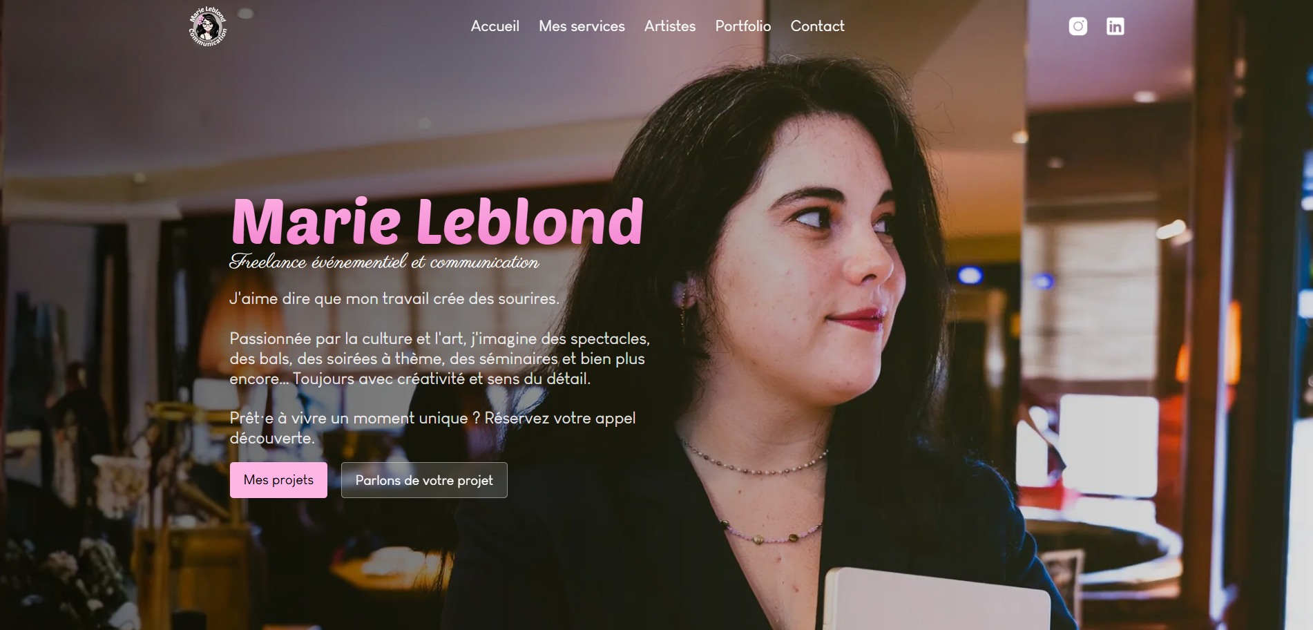 Portfolio Marie Communication, réalisé sur Webflow